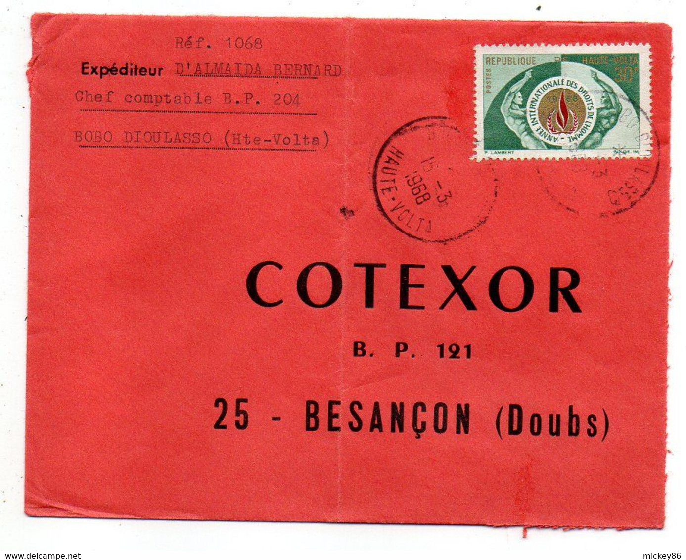 Haute Volta-1968--BOBO-DIOULASSO  Pour Besançon-25..tp Année Droits Homme. Seul Sur Lettre.....cachet .... - Upper Volta (1958-1984)