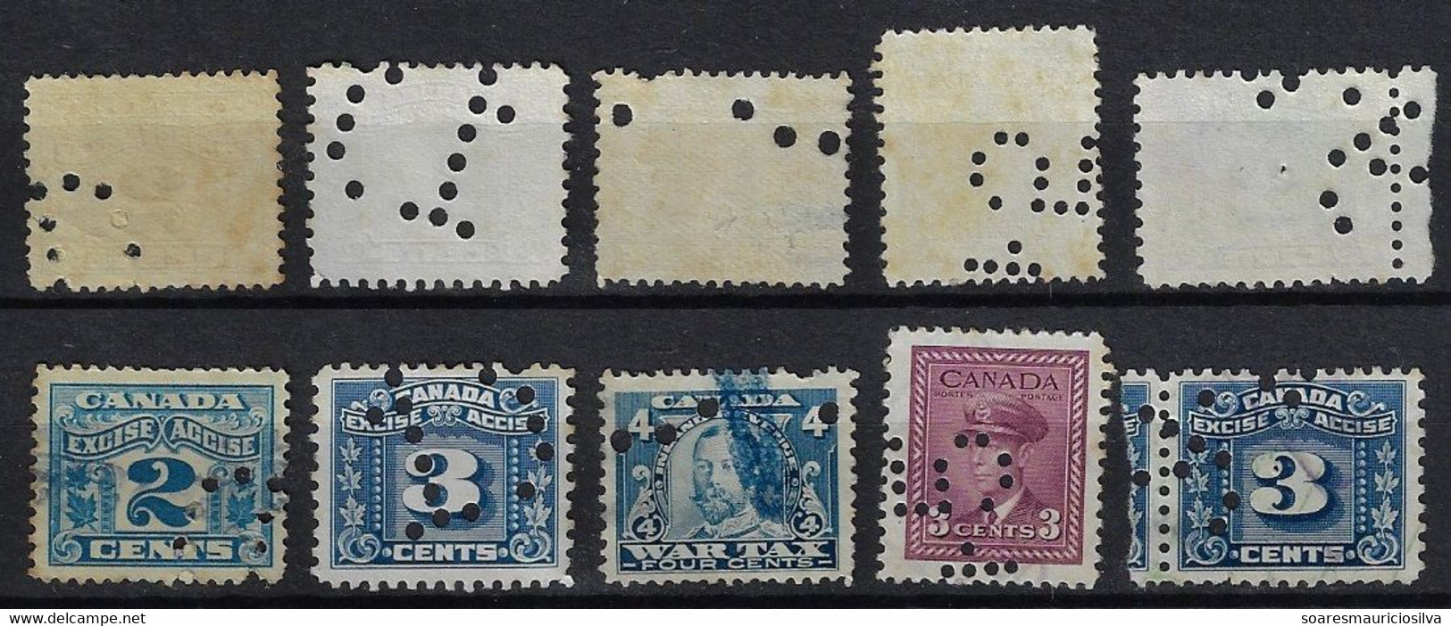 Canada 5 Stamp With Fiscal Revenue Tax Perfin Lochung Perfore - Perforiert/Gezähnt