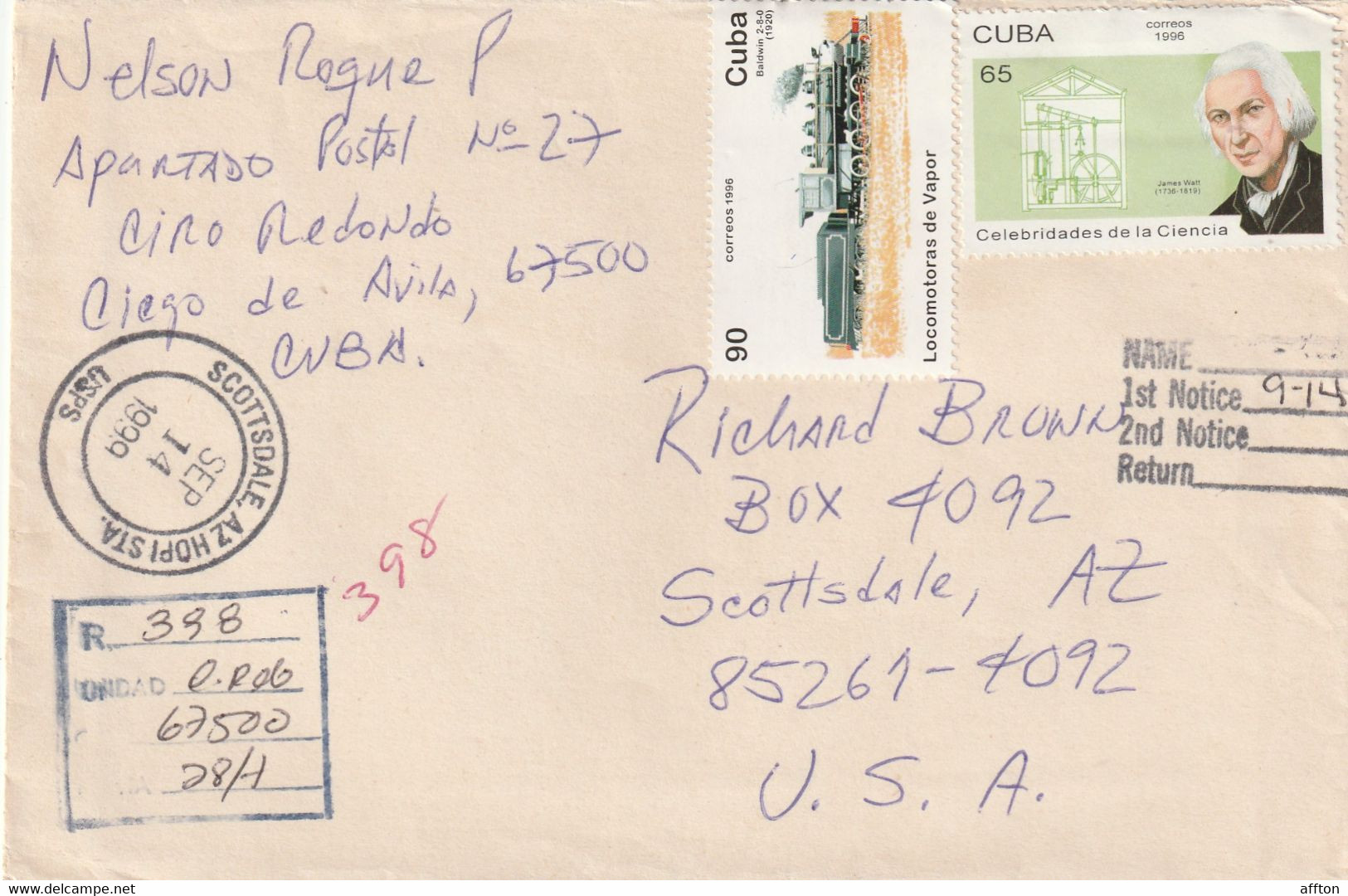 Cuba 1999 Registered Cover Mailed - Brieven En Documenten