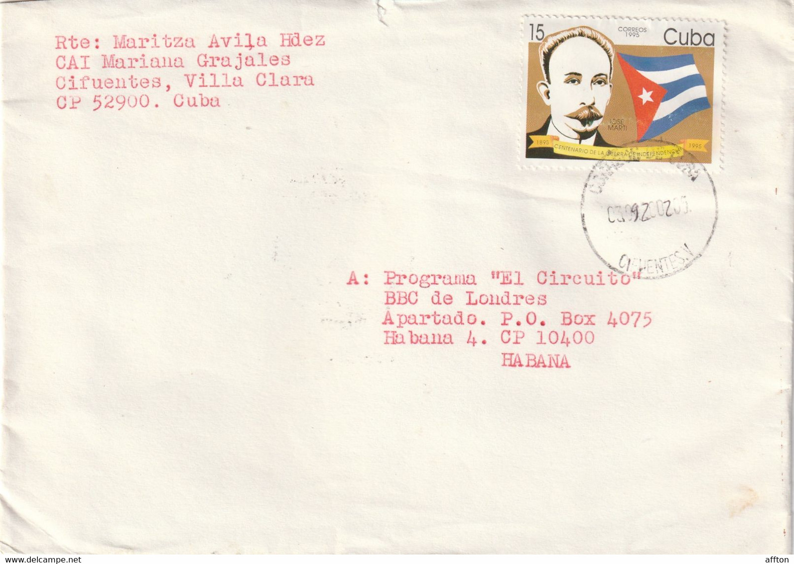 Cuba 2002 Cover Mailed - Brieven En Documenten