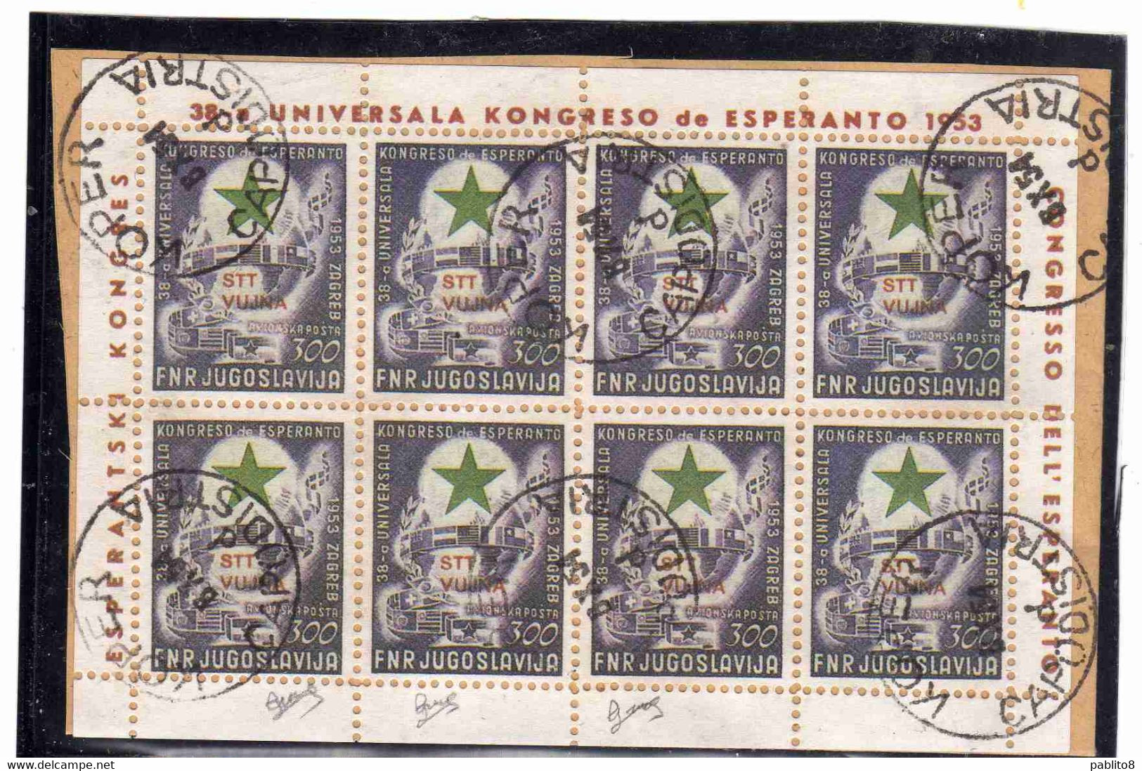 TRIESTE B 1953 CONGRESSO D'ESPERANTO 300d BLOCCO FOGLIETTO 8 ESEMPLARI SHEET BLOCK USATO USED OBLITERE' - Gebraucht