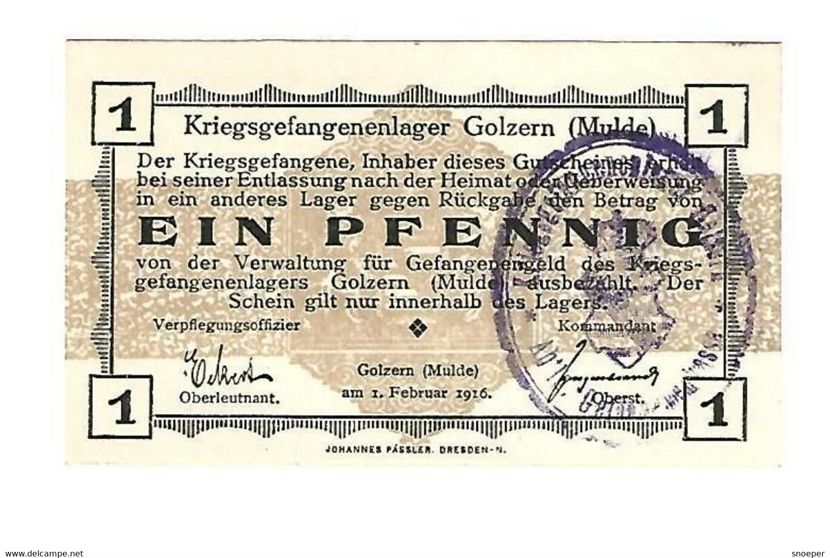 *germany Kriegsgefangenen Lager Golzern(mulde)  1 Pfennig     05.01  Unc - Autres & Non Classés