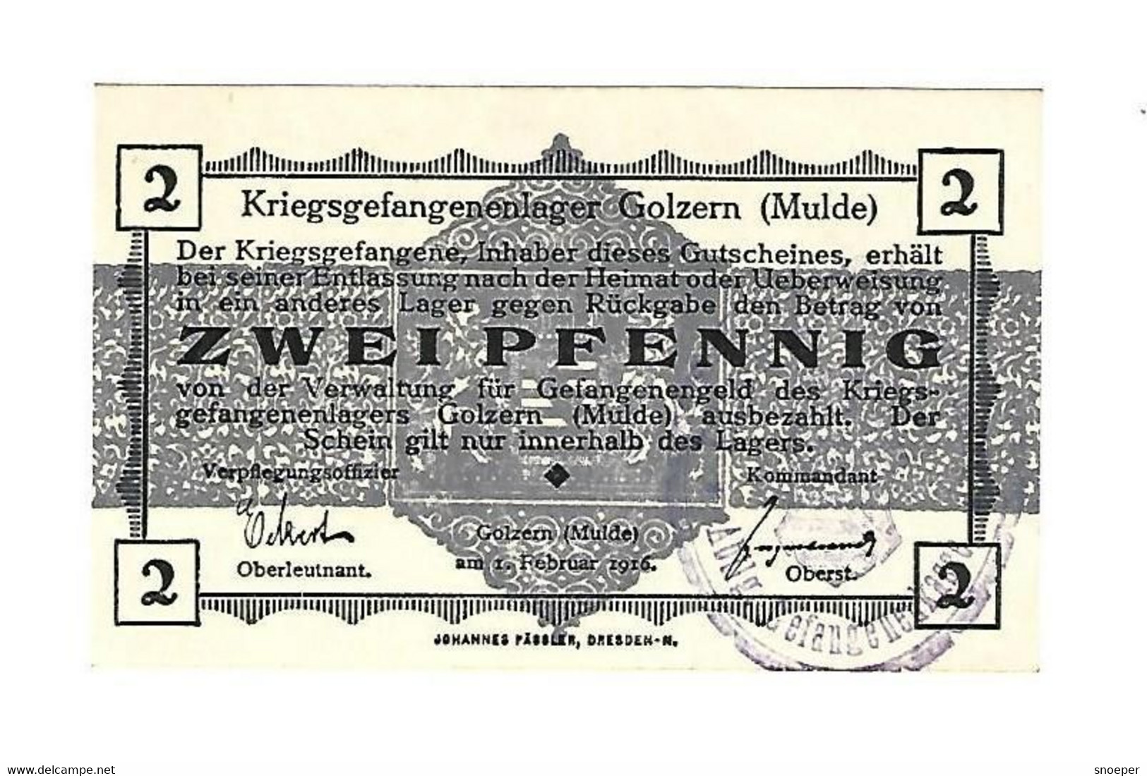 *germany Kriegsgefangenen Lager Golzern(mulde)  2 Pfennig     05.02 Unc - Sonstige & Ohne Zuordnung