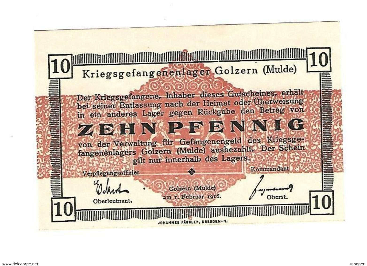 *germany Kriegsgefangenen Lager Golzern(mulde)  10 Pfennig     05.04a Unc - Autres & Non Classés