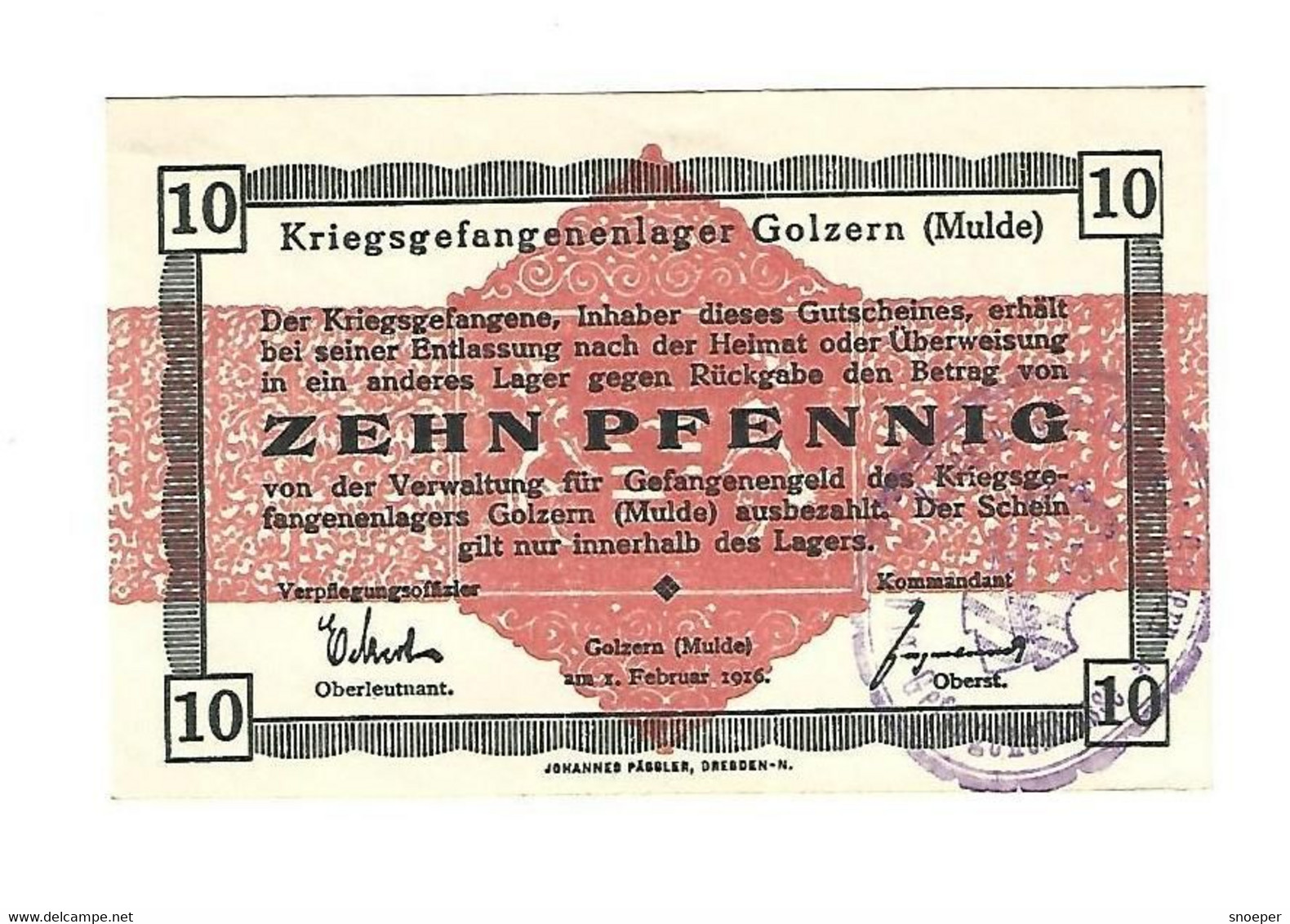 *germany Kriegsgefangenen Lager Golzern(mulde)  10 Pfennig     05.04b Unc - Andere & Zonder Classificatie