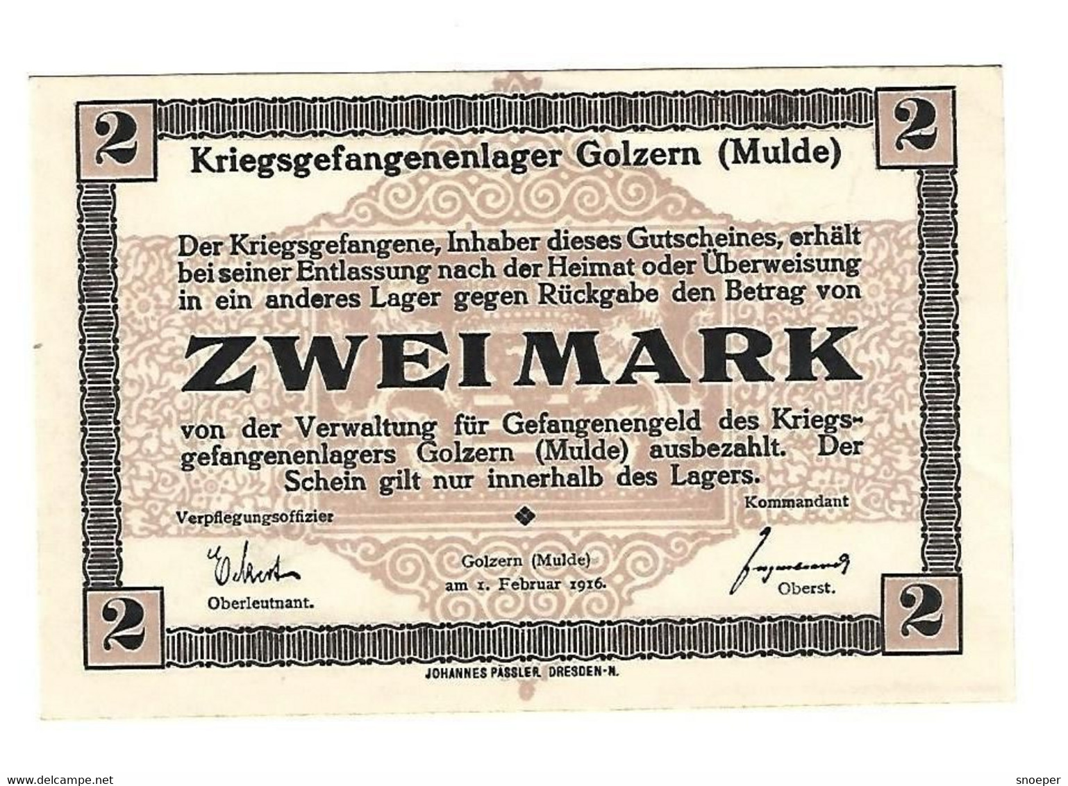 *germany Kriegsgefangenen Lager Golzern(mulde)  2 Mark     05.07a Unc - Autres & Non Classés