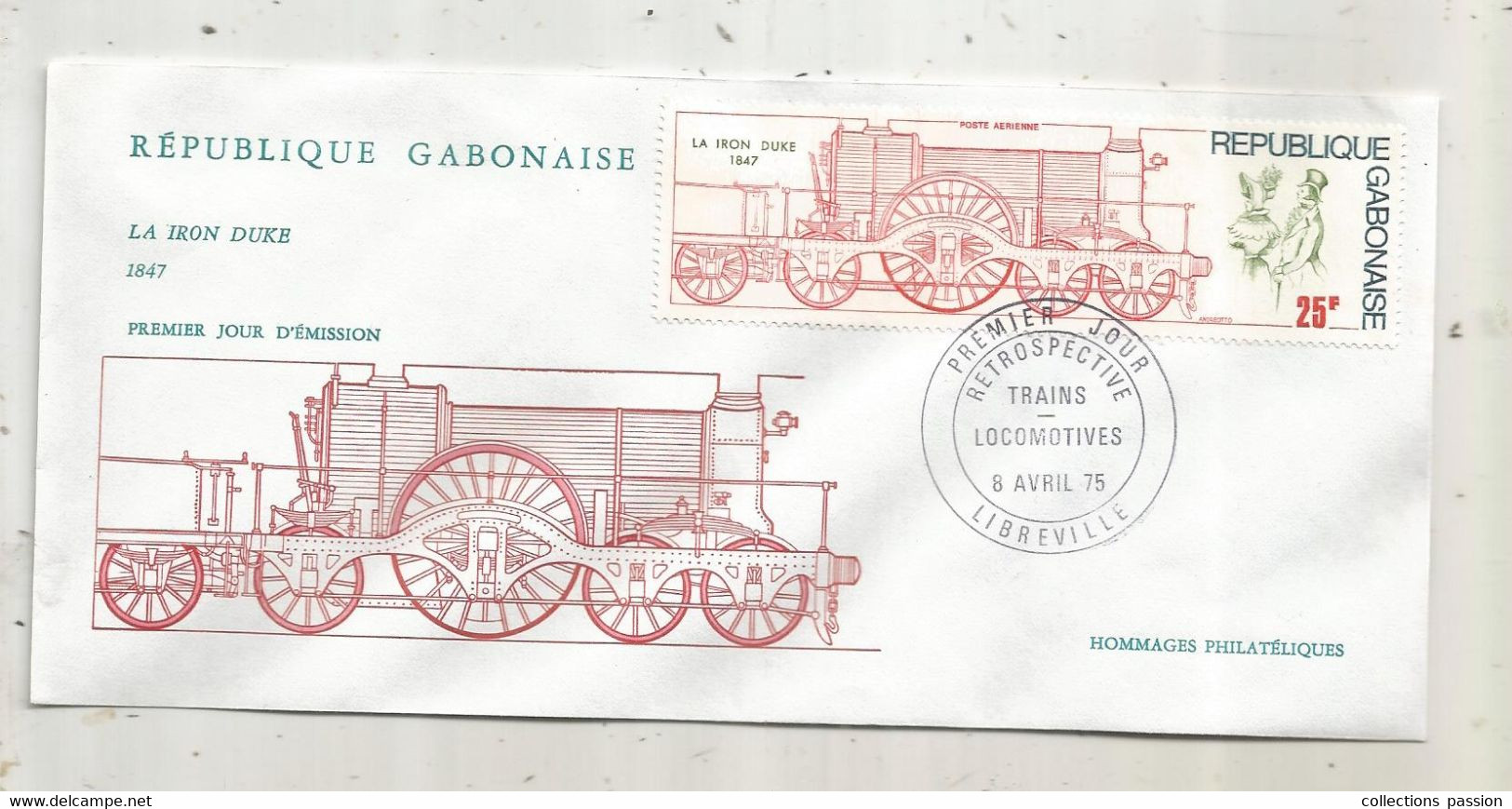 FDC, Premier Jour, GABON , Lettre, 1975, LIBREVILLE , Retrospective Trains,locomotives ,LA IRON DUKE 1847 - Gabon (1960-...)