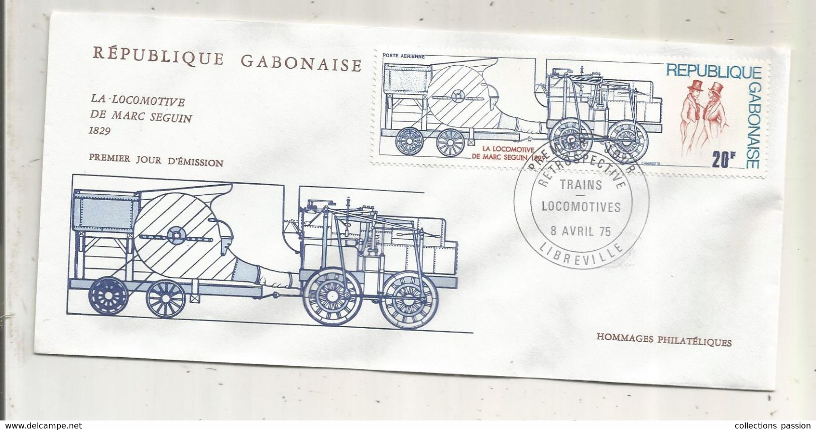 FDC, Premier Jour, GABON , Lettre, 1975, LIBREVILLE , Retrospective, La Locomotive De Marc Seguin 1829 - Gabon (1960-...)