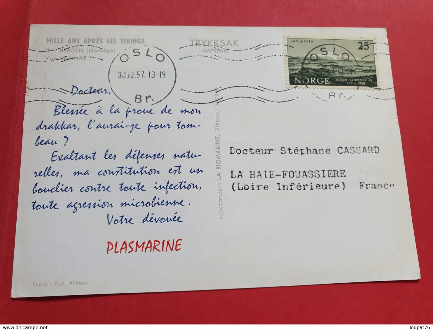 Norvège - Carte Médicale ( Biomarine De Dieppe ) Pour La France En 1957 - N 166 - Briefe U. Dokumente