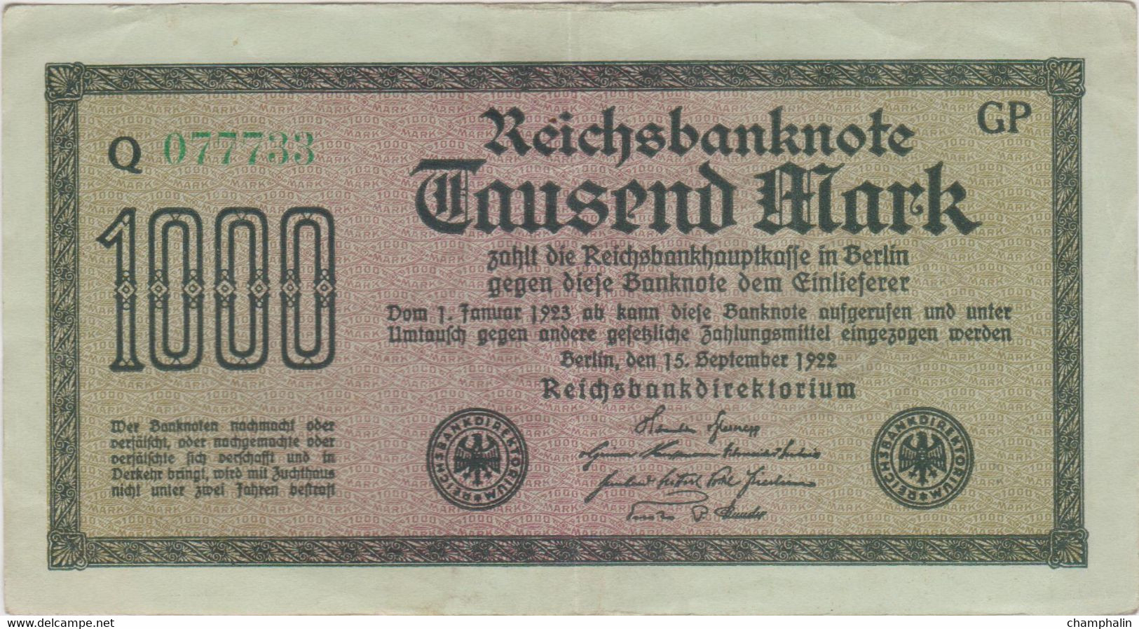 Allemagne - Billet De 1000 Mark - 15 Septembre 1922 - P76h - 1000 Mark