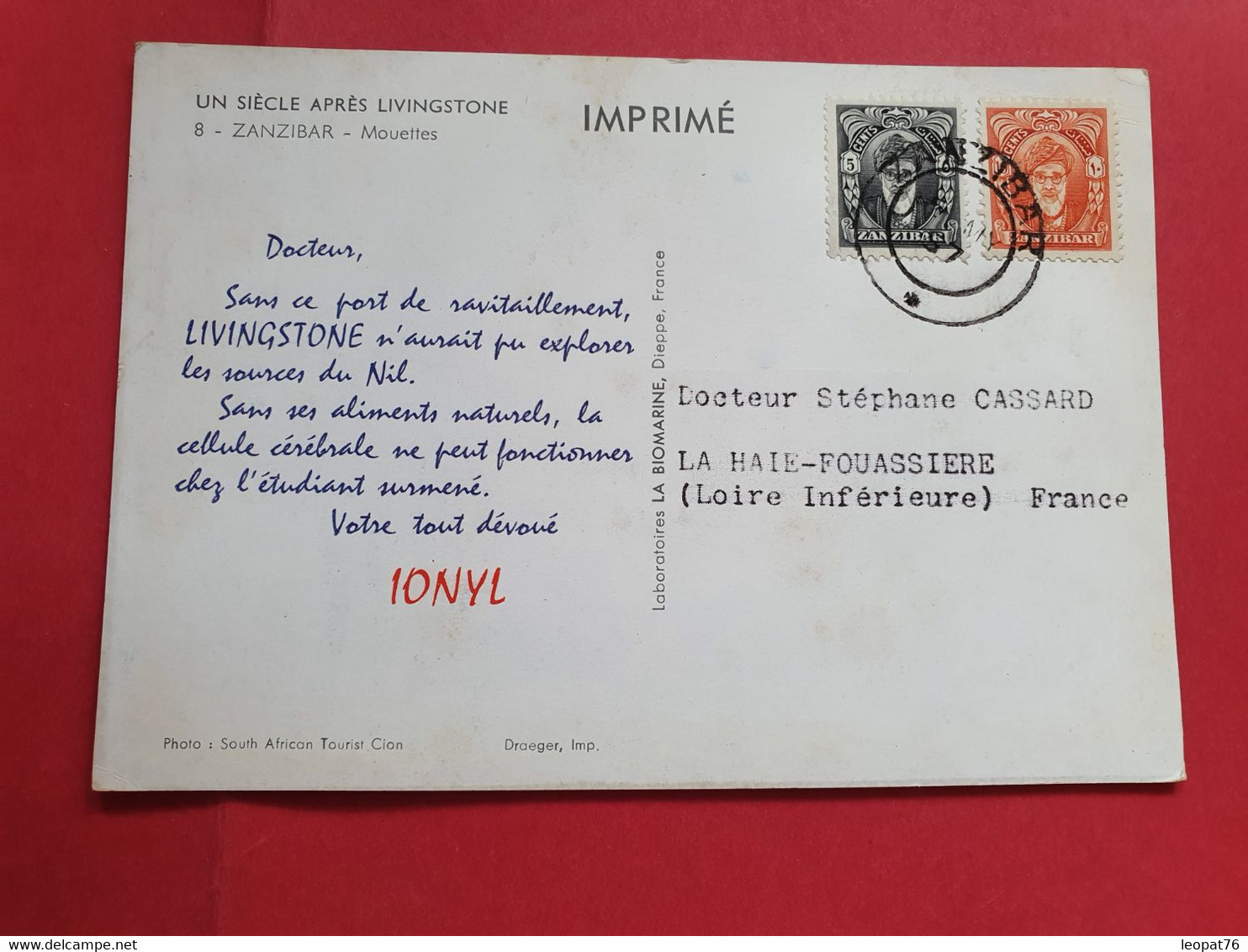Zanzibar - Carte Médicale ( Biomarine De Dieppe ) Pour La France En 1957 - N 198 - Zanzibar (...-1963)