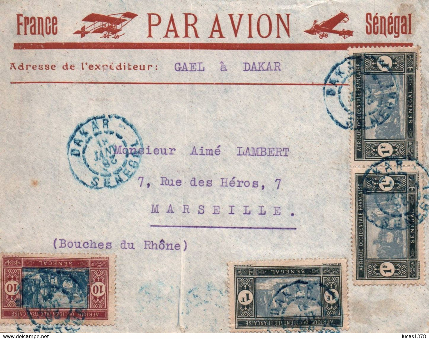 LETTRE. 1928 /  LIGNE  PAR AVION FRANCE SENEGAl / DAKAR POUR MARSEILLE / BEL AFFRANCHISSEMENT Cachet Bleu - 1927-1959 Cartas & Documentos