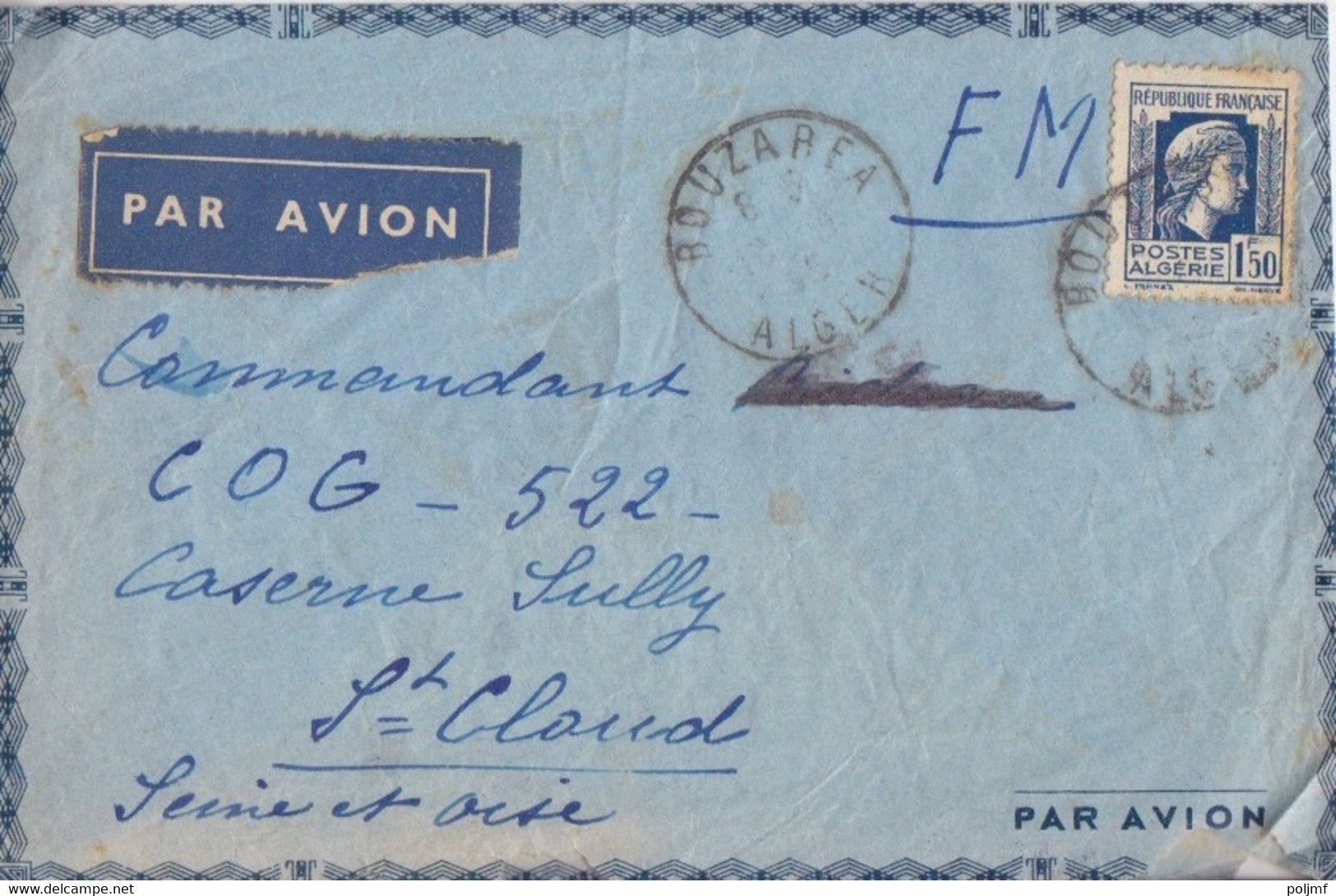 F Lettre Par Avion Obl. Bouzarfa Alger Le 18 - 4 45 Sur 1f50 Marianne D'Alger N° 639 Pour St Cloud - 1944 Hahn Und Marianne D'Alger