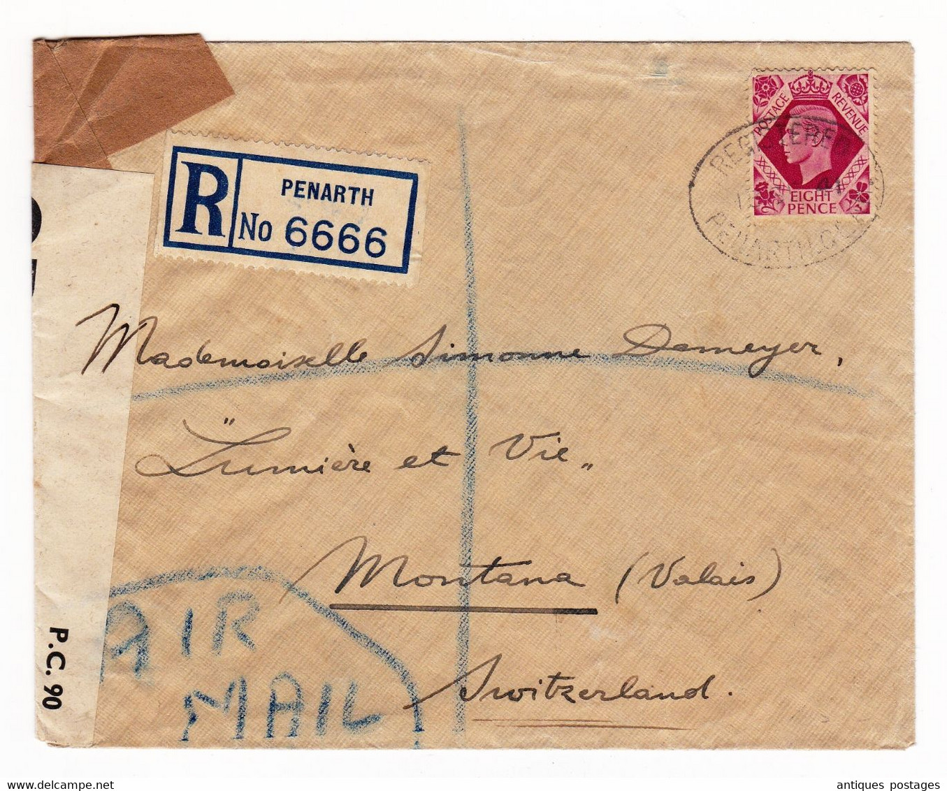 Registered Letter 1941 Penarth England Montana Valais Suisse Switzerland WW2 Censor Censure Opened By Examiner - Covers & Documents