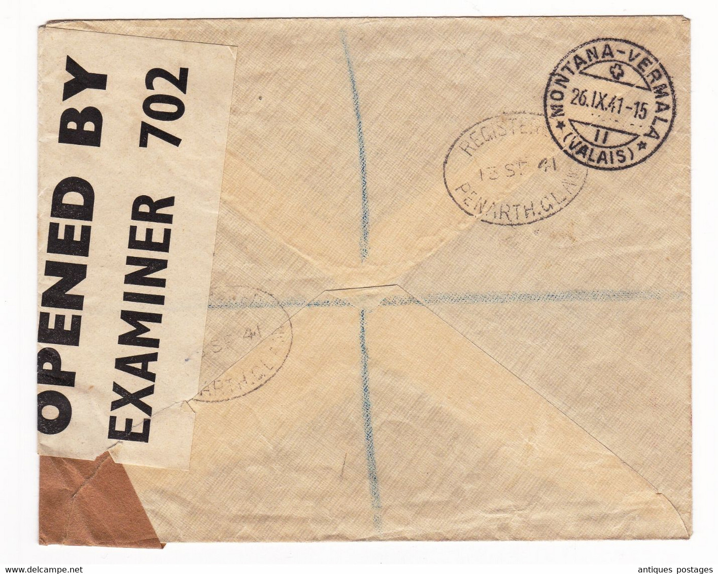 Registered Letter 1941 Penarth England Montana Valais Suisse Switzerland WW2 Censor Censure Opened By Examiner - Storia Postale