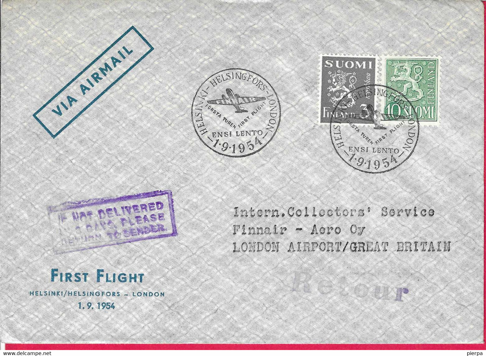 FINLANDIA - FIRST FLIGHT HELSINKI - HELSINGORFORS - LONDON * 1.9.1954* SU BUSTA GRANDE - Briefe U. Dokumente