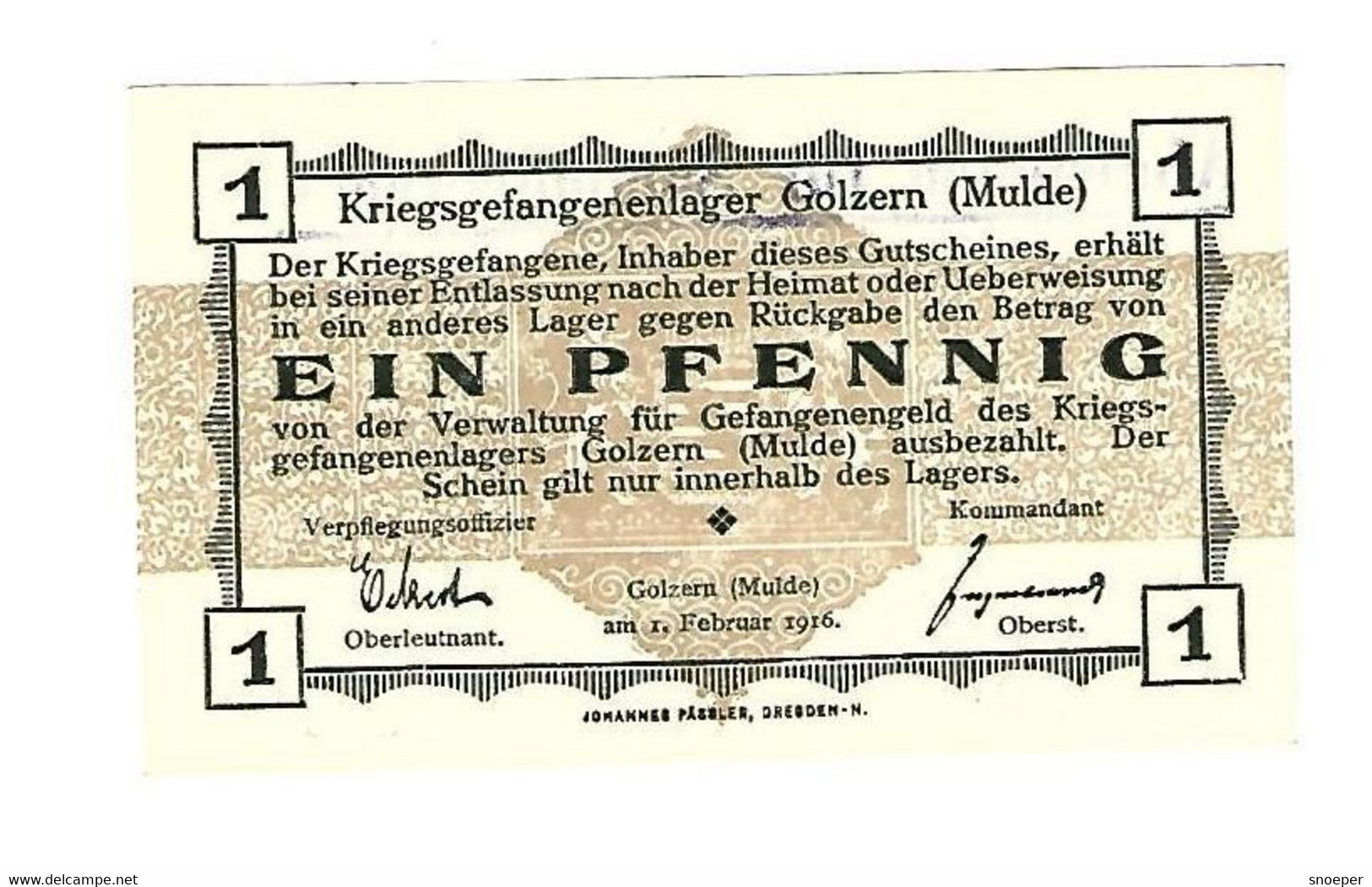 *germany Kriegsgefangenen Lager Golzern(mulde)  1 Pfennig     05.10  Unc - Other & Unclassified