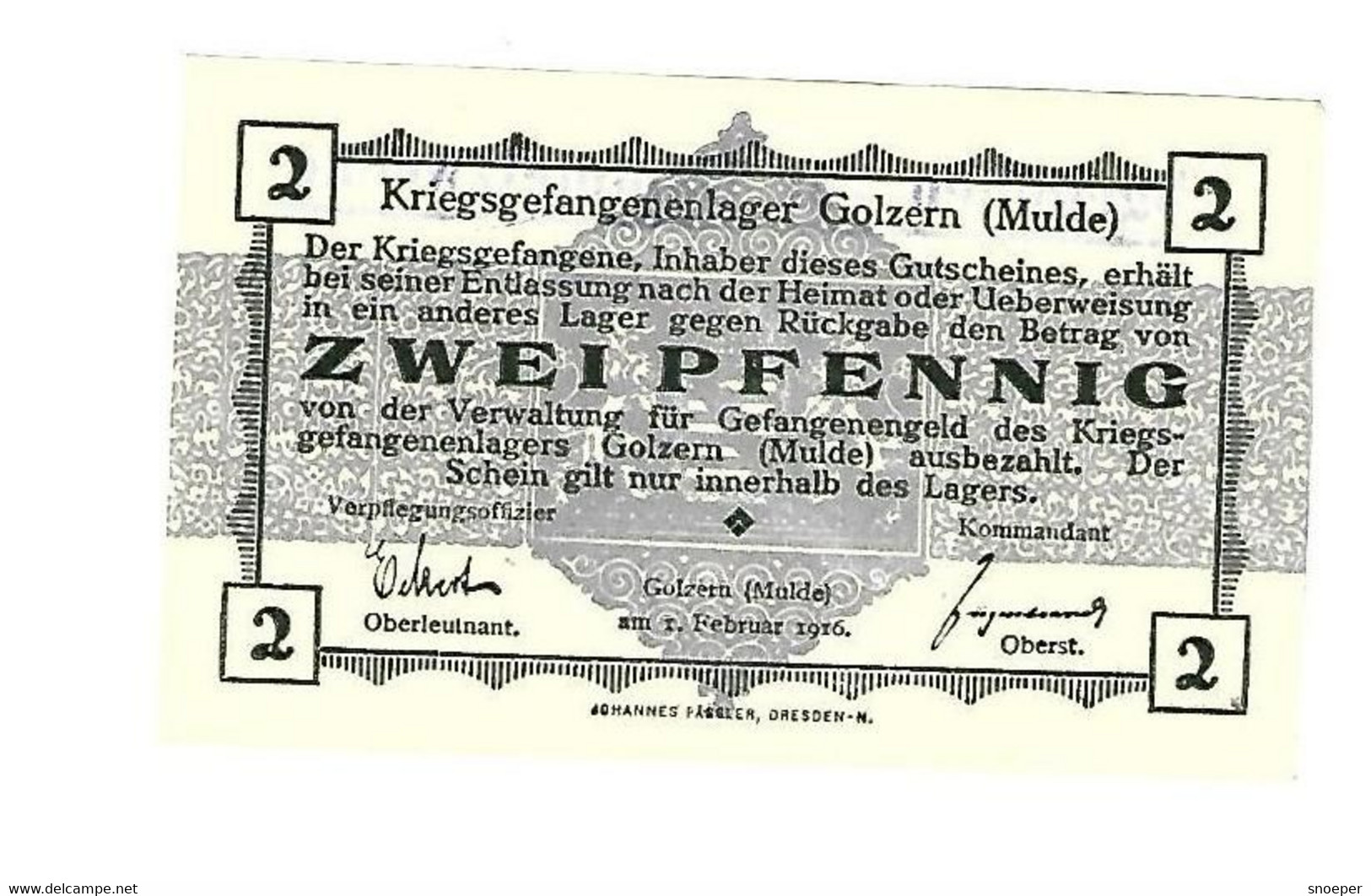 *germany Kriegsgefangenen Lager Golzern(mulde)  2 Pfennig     05.11  Unc - Autres & Non Classés