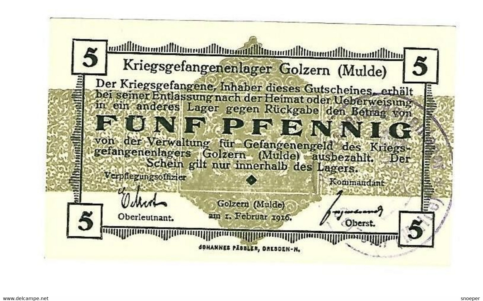 *germany Kriegsgefangenen Lager Golzern(mulde)  5 Pfennig     05.12b  Unc - Andere & Zonder Classificatie