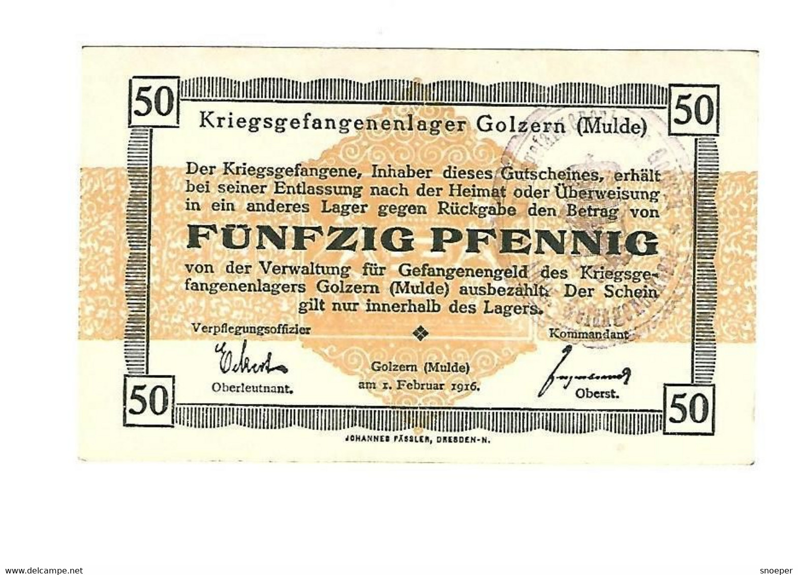 *germany Kriegsgefangenen Lager Golzern(mulde)  50 Pfennig     05.14c  Unc - Autres & Non Classés
