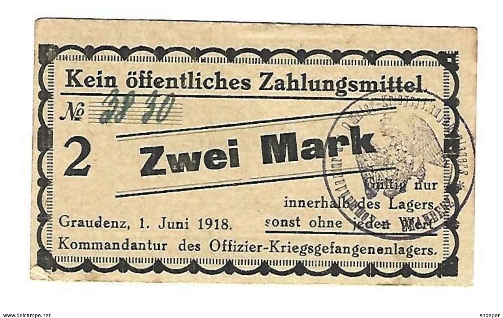 *germany Offizier  Kriegsgefangenen Lager  Graudenz  2 Mark  05.06  Unc - Autres & Non Classés