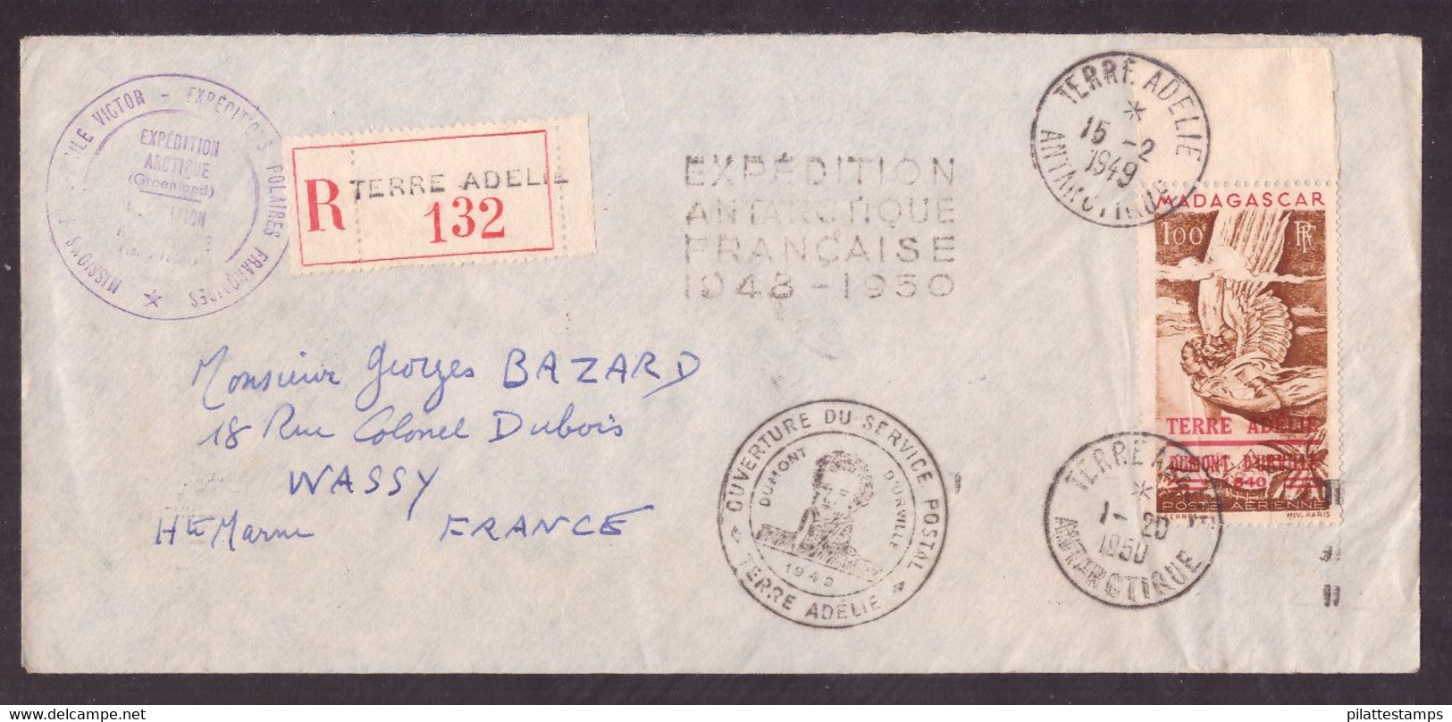 TERRES AUSTRALES LETTRE RECOMMANDEE DE TERRE ADELIE DE 1949 VIA HOBART - ...-1955 Prephilately