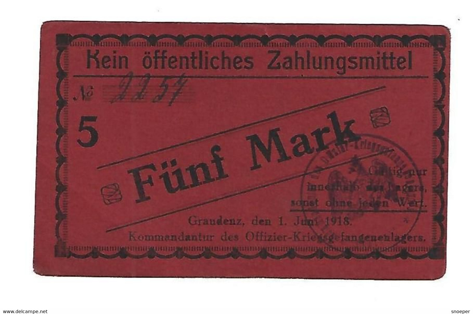 *germany Offizier  Kriegsgefangenen Lager  Graudenz  5 Mark  05.07  Unc - Other & Unclassified