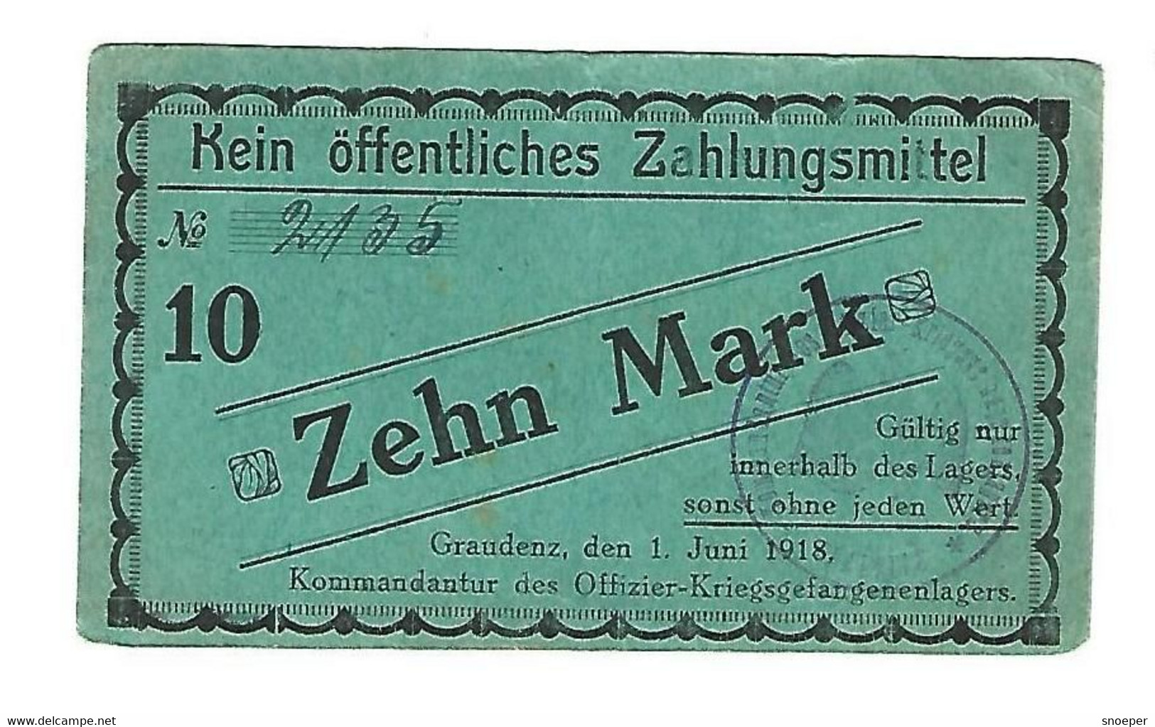 *germany Offizier  Kriegsgefangenen Lager  Graudenz  10 Mark  05.08  Unc - Autres & Non Classés