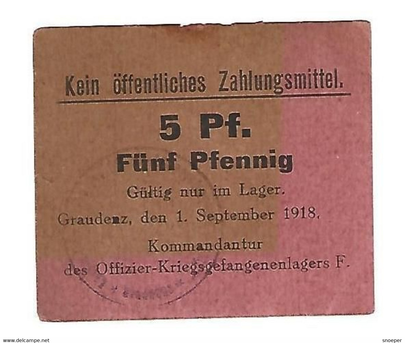 *germany Offizier  Kriegsgefangenen Lager  Graudenz  Lager F  5 Pfennig 05.02 - Autres & Non Classés