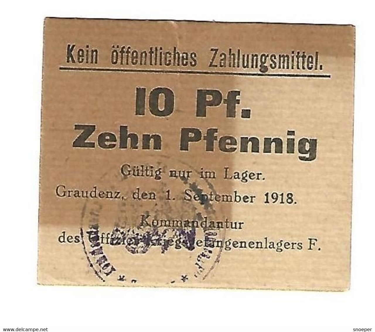 *germany Offizier  Kriegsgefangenen Lager  Graudenz  Lager F  10 Pfennig 05.03.1 - Sonstige & Ohne Zuordnung