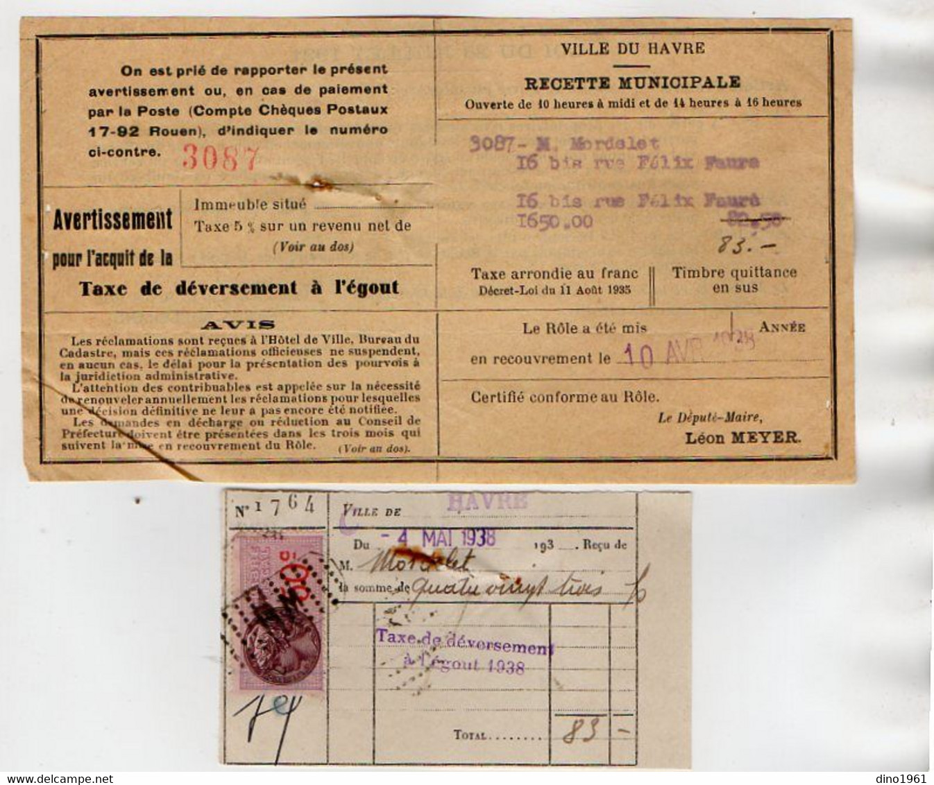 TB 3628 - 1938 - Timbre Fiscal Sur Document Ville Du HAVRE - Recette Municipale - Taxe De Déversement à L'égout - Lettres & Documents