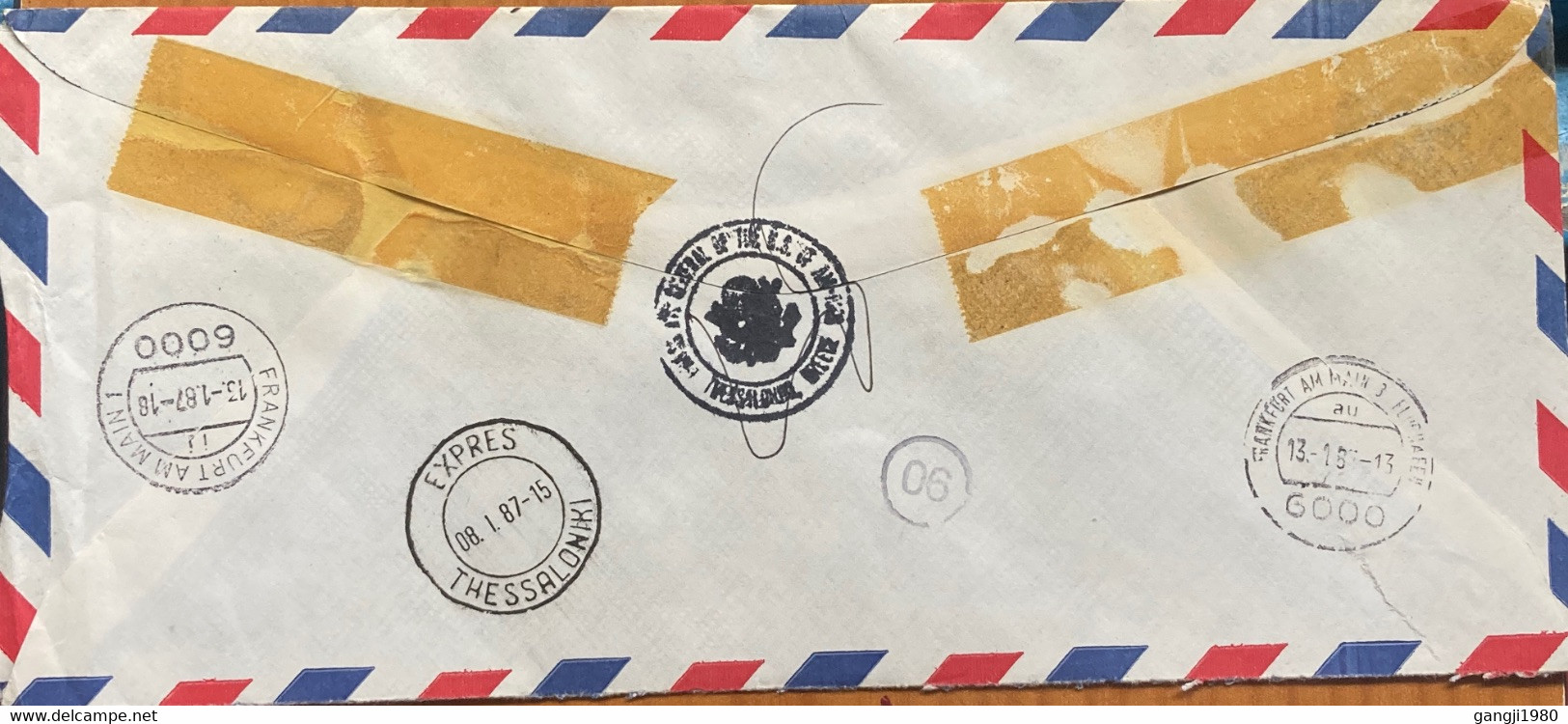 GREECE 1987, USED REGISTERED COVER TO “EXPRESS” VIGNETTE LABEL THESSALONIKI ,FRANKFURT CITY CANCELLATION! COVER FROM AME - Storia Postale