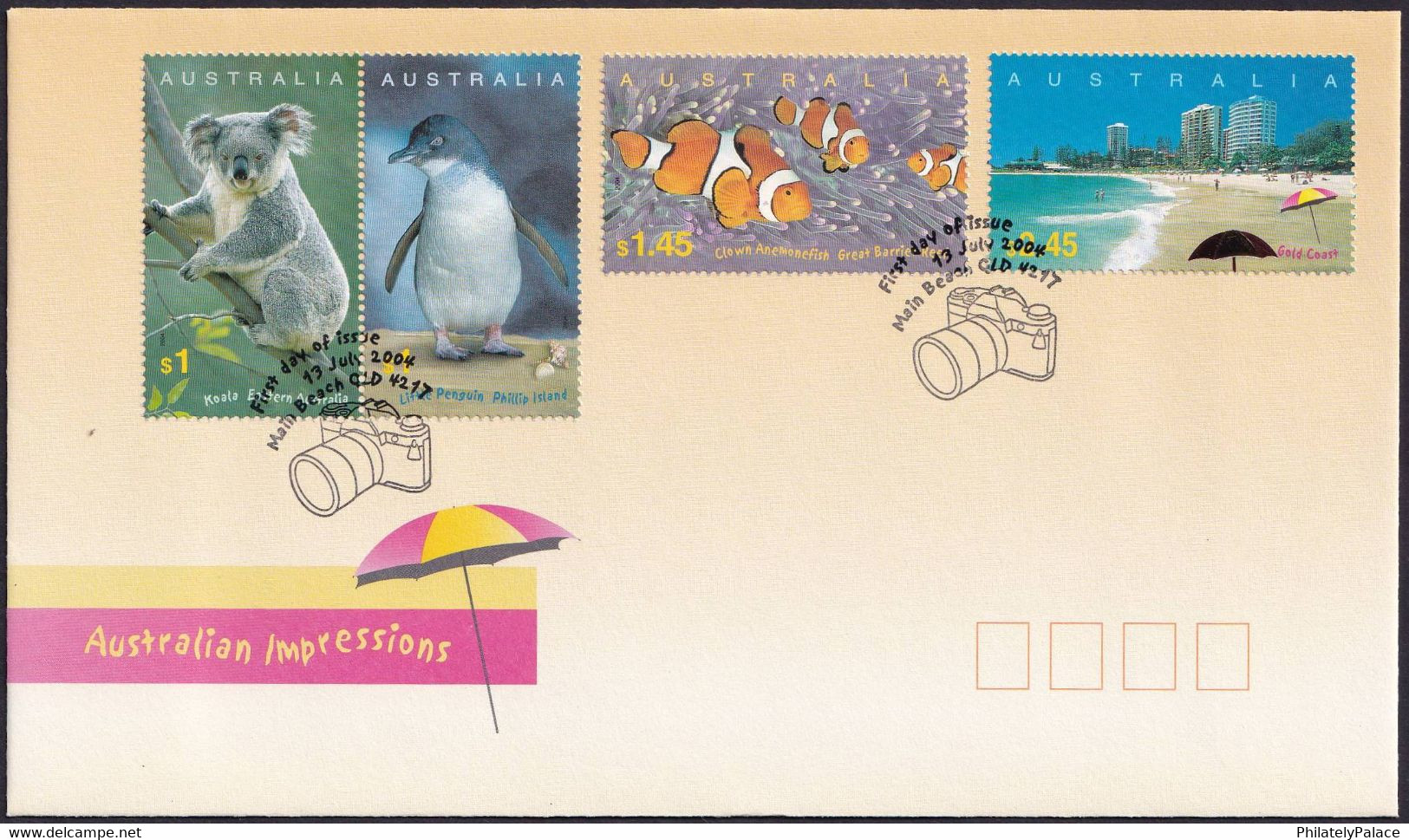 AUSTRALIA 2004 First Day Cover FDC Australian Impressions Main Beach - Fish , Penguin, Koala (**) - Brieven En Documenten