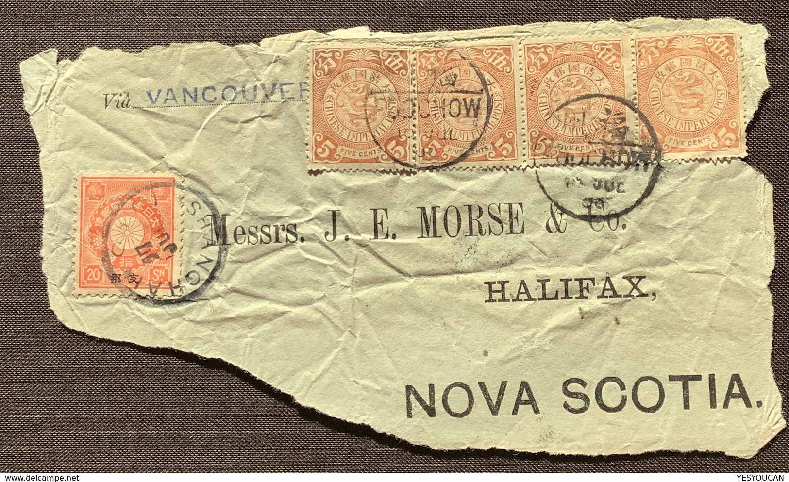 China Imperial Post FOOCHOW 1900 RARE Mixed Franking+Japan SHANGHAI Cover>Halifax N.S Canada (Chine Lettre Vancouver - Briefe U. Dokumente