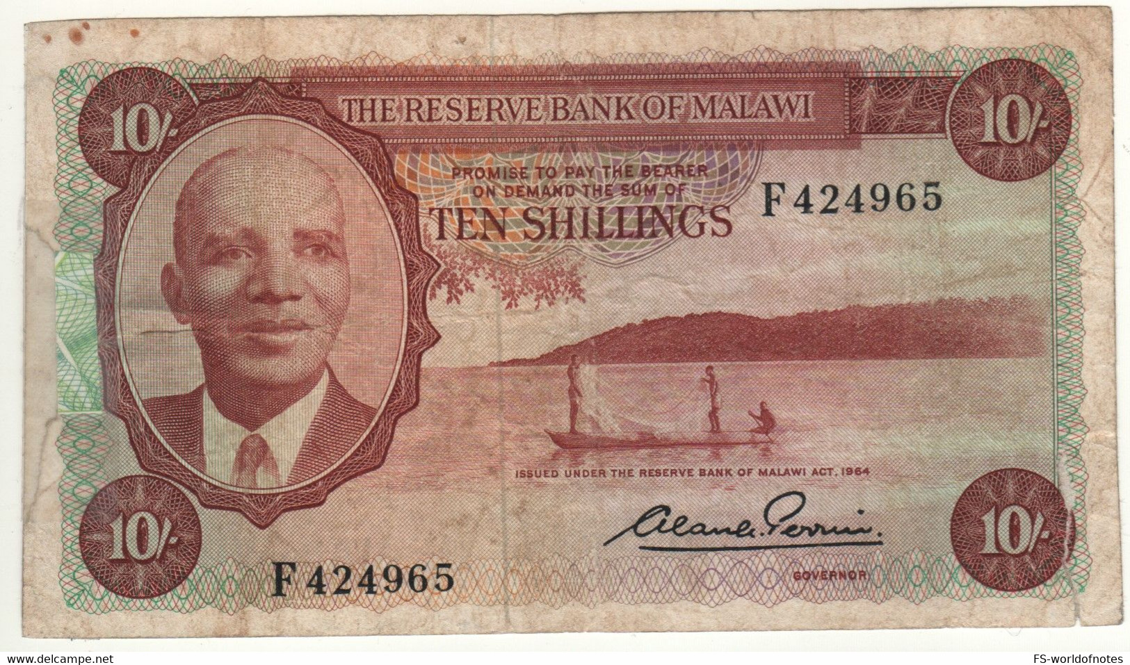 MALAWI   10  Shillings    P2    ( L.1964 )  President Dr. Hastings Kamuzu Banda, Lake Malawi + Tobacco Harvest - Malawi