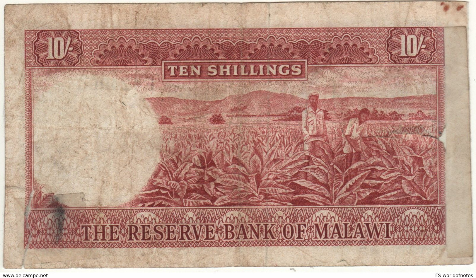 MALAWI   10  Shillings    P2    ( L.1964 )  President Dr. Hastings Kamuzu Banda, Lake Malawi + Tobacco Harvest - Malawi