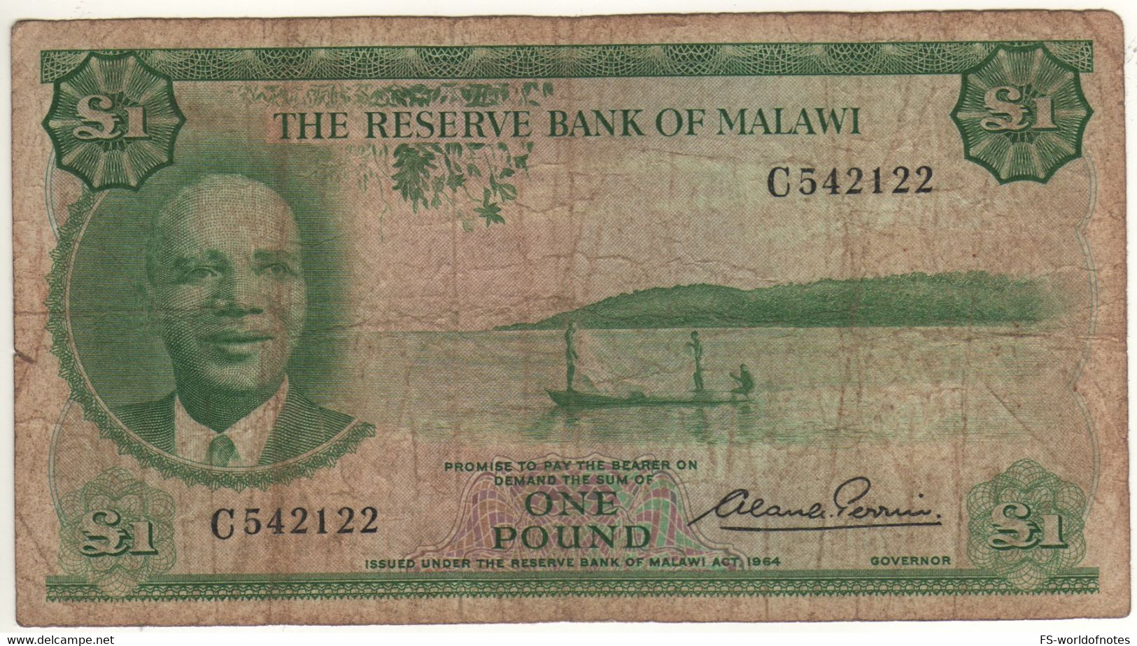 MALAWI   1  Pound    P3    ( L.1964 )  President Dr. Hastings Kamuzu Banda, Lake Malawi + Cotton Harvest - Malawi