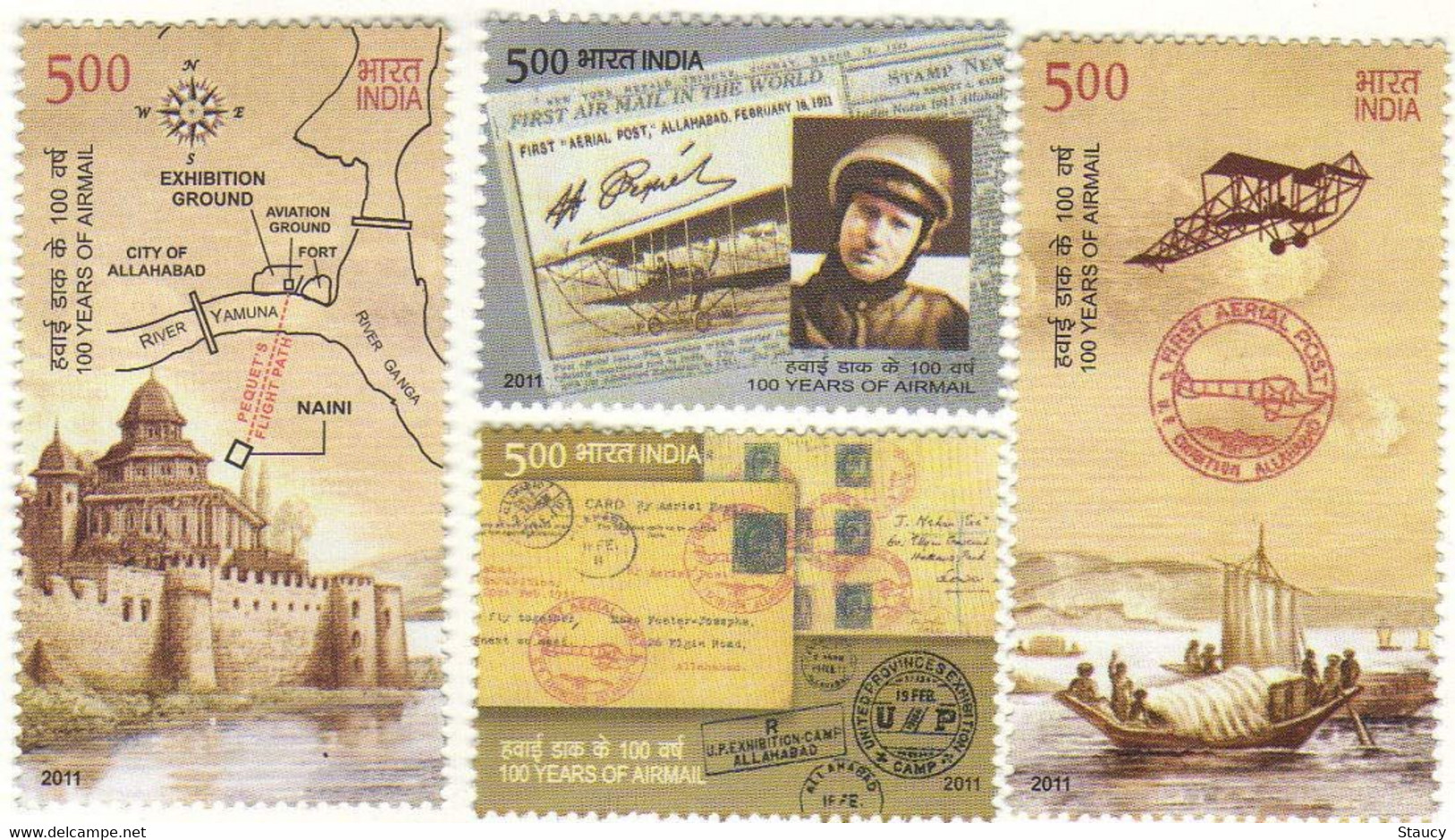 India 2011 100 Years Of Airmail Map Boat Aviation Stamp On Stamp 4v SET MNH, P.O Fresh & Fine - Otros & Sin Clasificación