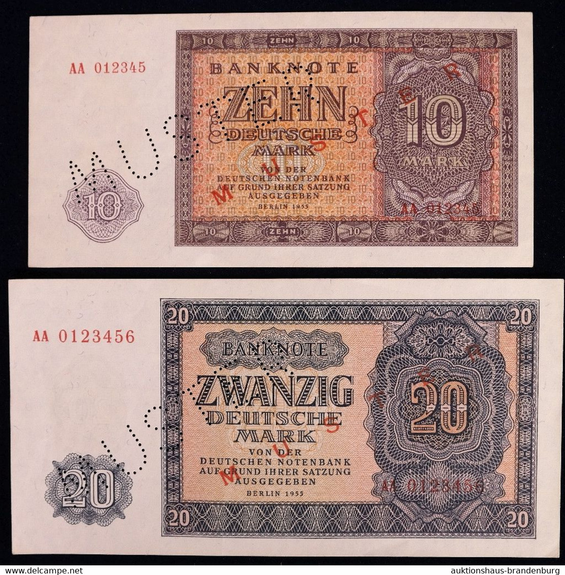 10 + 20 Deutsche Mark Berlin DDR 1955 | MUSTERNOTE | AA012345 + AA0123456 | DDR-12M1 + DDR-13M1 - Verzamelingen