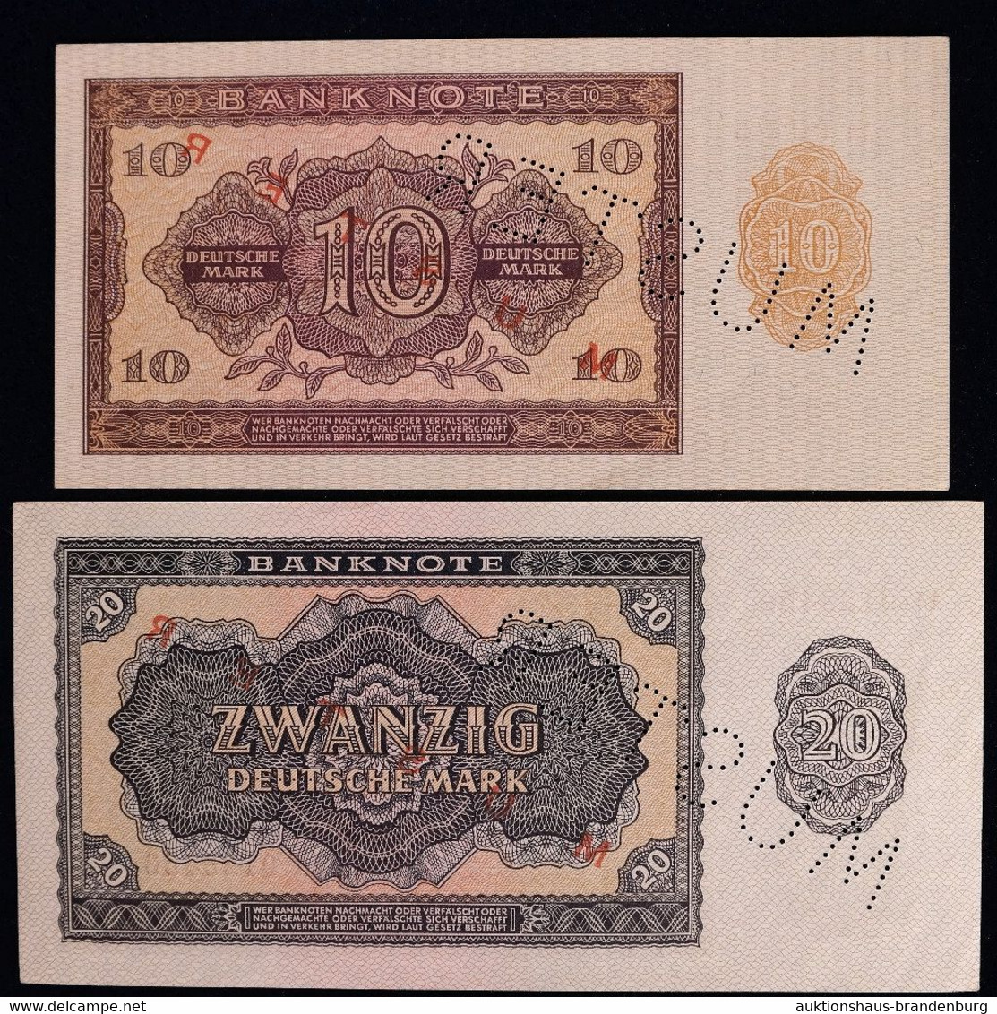 10 + 20 Deutsche Mark Berlin DDR 1955 | MUSTERNOTE | AA012345 + AA0123456 | DDR-12M1 + DDR-13M1 - Verzamelingen