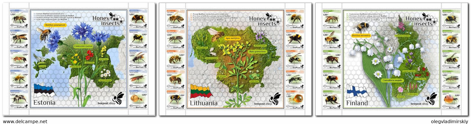 Estonia Lithuania Finland 2022 Honey Insects BeePost Full Complete Of 3 Blocks Of 10 Stamps Mint - Unused Stamps