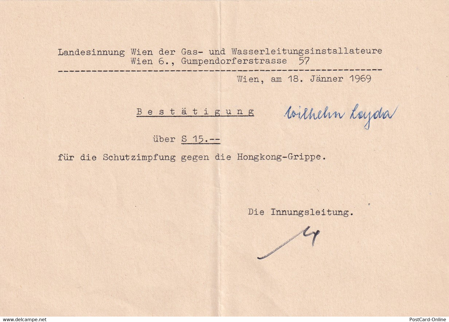 37433 -  - Zahlungsbestätigung Impfung Hongkong Grippe , Wien -  1969 - Österreich