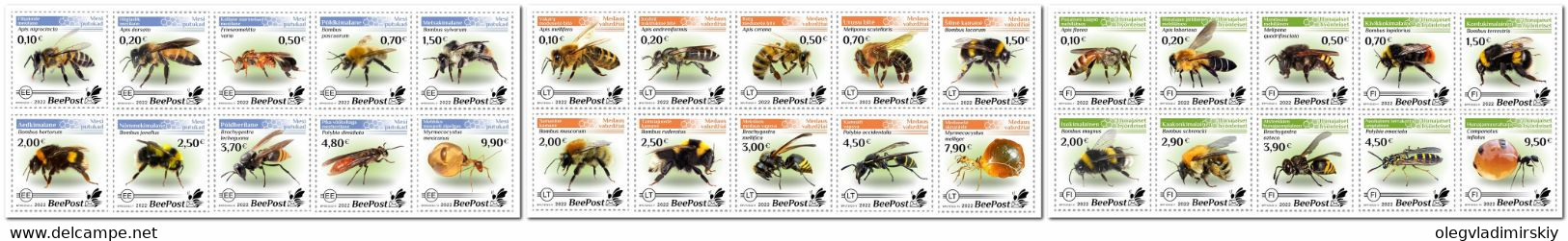 Estonia Lithuania Finland 2022 Honey Insects BeePost Full Complete Of 3 Sets Of 10 Stamps Mint - Neufs