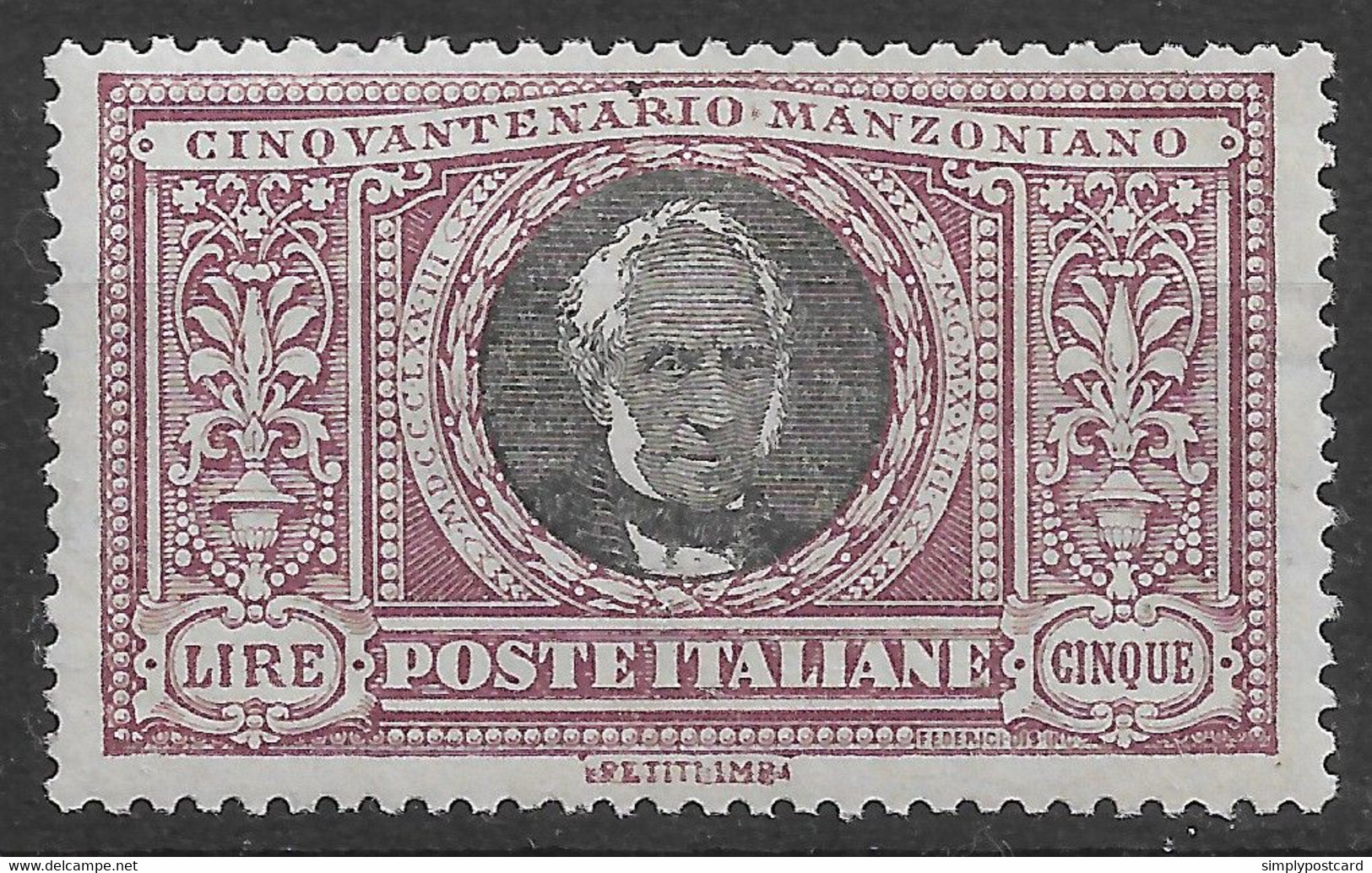 ITALIA REGNO - 1923 - CINQUANTENARIO MORTE ALESSANDRO MANZONI - VALORE DA 5 LIRE MNH** - FIRMA RAYBAUDI MASSILIA - W17 - Mint/hinged