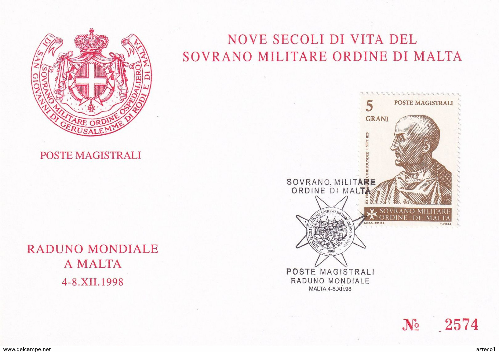 S.M.O.M. -  POSTE MAGISTRALI - CARTONCINO COMMEMORATIVO 1998 - RADUNO MONDIALE A MALTA - ANNULLO SPECIALE - Sovrano Militare Ordine Di Malta