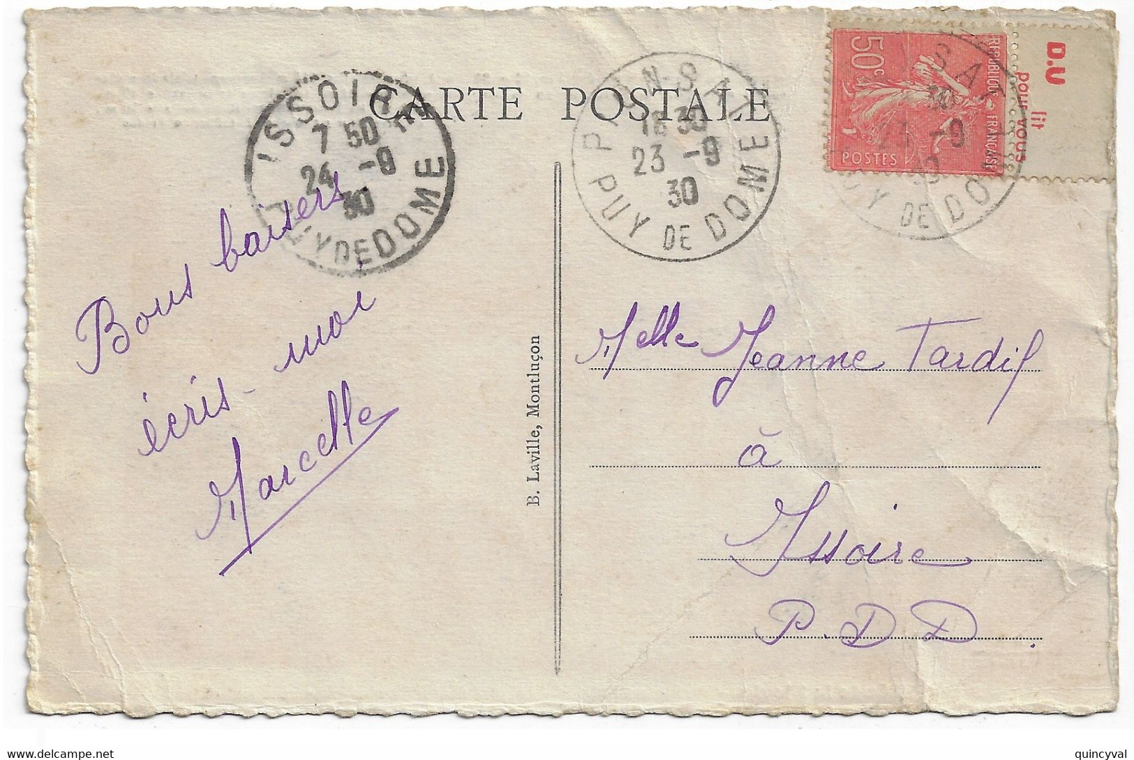 PIONSAT Puy De Dôme Carte Postale Viaduc Des Fades 50 C Semeuse Lignée Yv 199 Bande Publicitaire  Carnet D.U Lit Ob 1930 - Briefe U. Dokumente