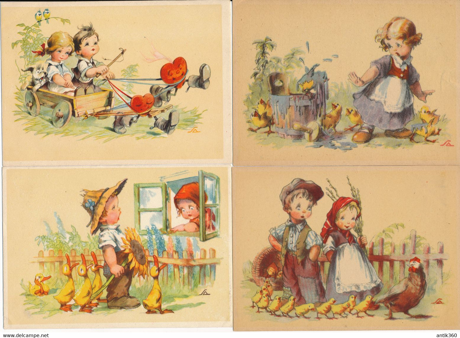 CPA ENFANTS - Lot De 4 Cartes Scènes Enfantines Humoristiques à La Ferme - Illustrateur SA - Poussins Canards Chiot - Verzamelingen & Reeksen