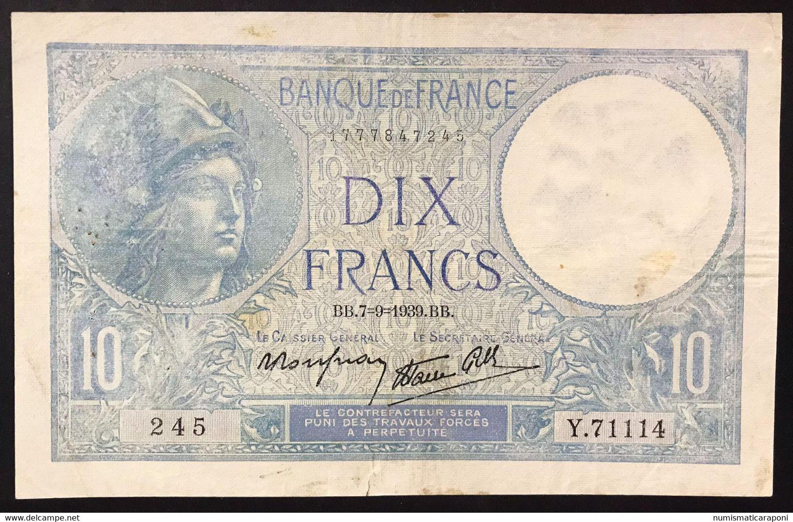 FRANCE FRANCIA 10 Francs 7 9 1939 Pressato Lotto 4158 - 10 F 1916-1942 ''Minerve''