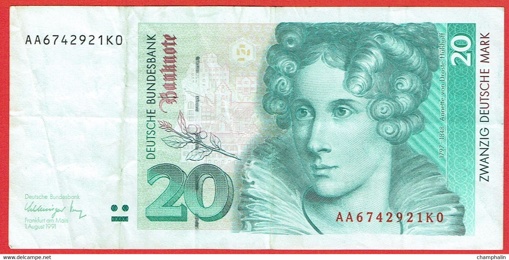 Allemagne - Billet De 20 Deutsche Mark - Annette Von Droste-Hülshoff - 1er Août 1991 - P39a - 20 DM