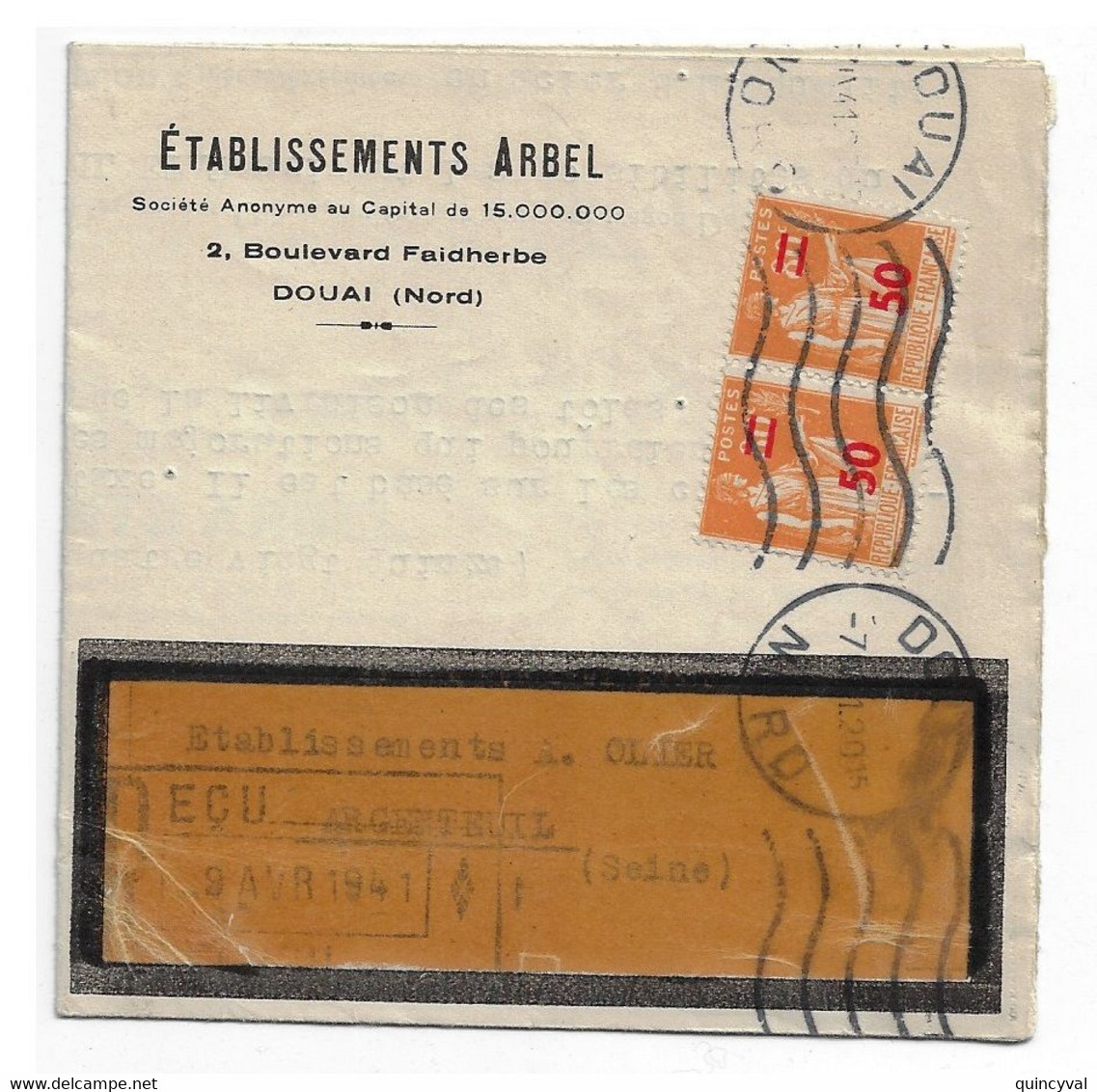 DOUAI Nord Lettre Entête ARBEL 50/80c Paix Orange Yv 481 Lettre Ob Meca Krag 7 4 1941 - Lettres & Documents
